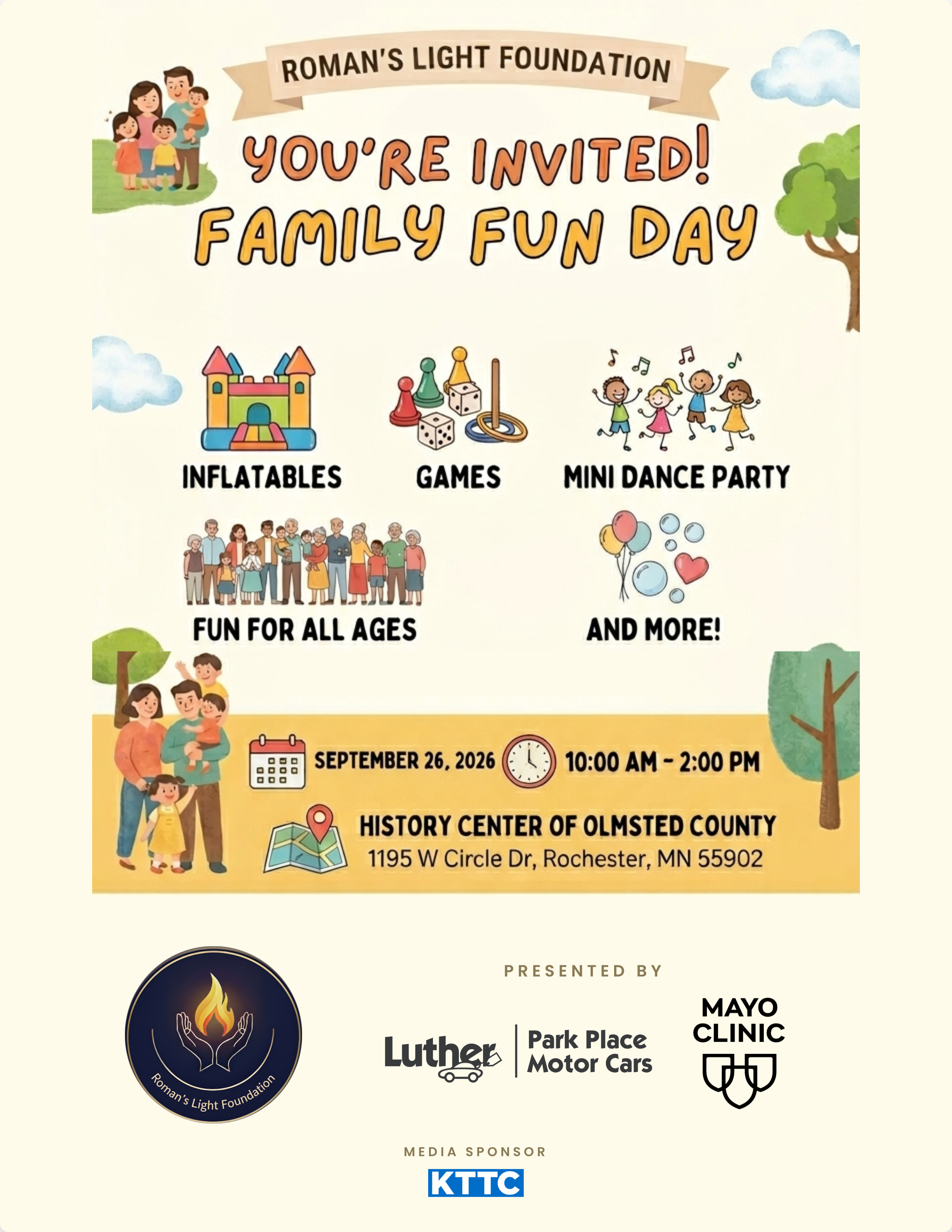 Family Fun Day flyer with event details for Roman's Light Foundation